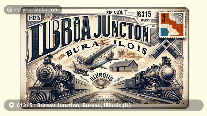 Modern illustration of Bureau Junction, Bureau County, Illinois, featuring vintage airmail envelope with railway and Illinois River motifs, highlighting ZIP code 61315 and local trading post history.