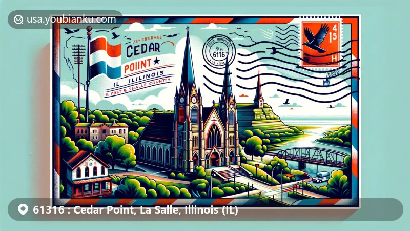 Modern illustration of Cedar Point, La Salle County, Illinois, in postcard style with ZIP code 61316, highlighting Starved Rock State Park and First Congregational Church.
