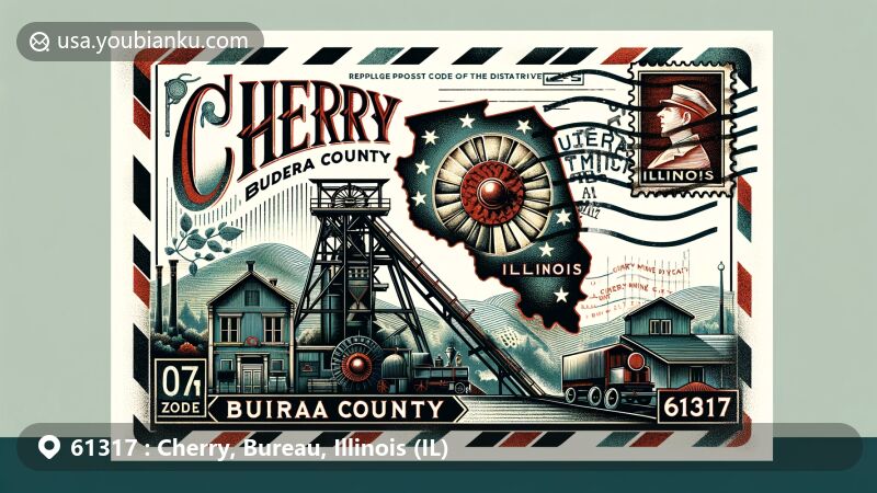 Modern illustration of Cherry, Bureau County, Illinois, featuring vintage postcard with Cherry Mine depiction, mining elements, Bureau County map outline, Illinois state flag, postal elements, and historical significance of the Cherry Mine Disaster.