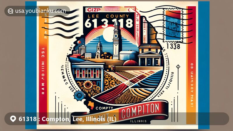 Modern illustration of Compton, Lee County, Illinois, reminiscent of a vintage postcard with stylized map outline, featuring a notable landmark, postal elements, and the ZIP Code 61318.