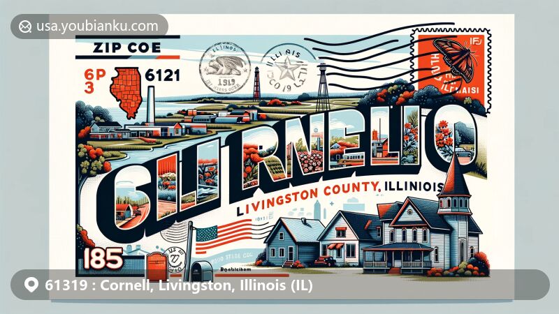 Modern illustration of Cornell, Livingston County, Illinois, featuring rural charm and community spirit, with iconic Illinois symbols and ZIP code 61319, set against a Midwest landscape.
