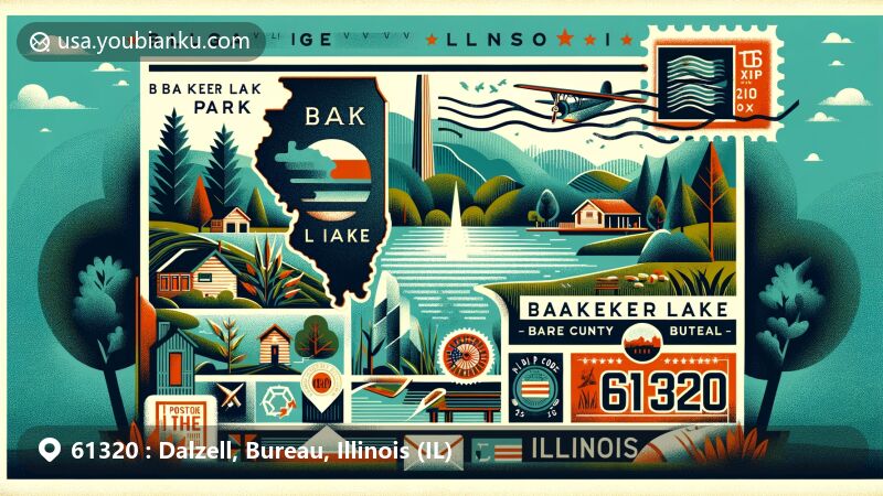 Artistic illustration of Dalzell, Bureau County, Illinois, in ZIP code 61320, resembling a vintage postal card or air mail envelope, highlighting Baker Lake Park and local culture.