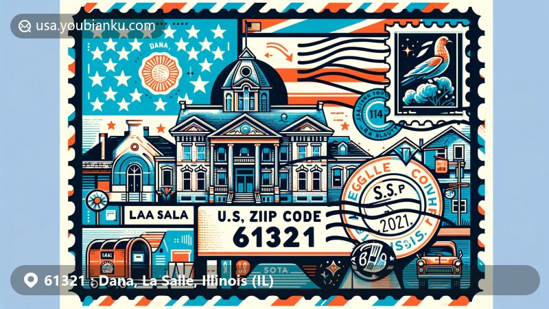 Modern illustration of Dana, La Salle County, Illinois, showcasing postal theme with ZIP code 61321, featuring iconic symbols like county map, Illinois state flag, and Hegeler Carus Mansion.