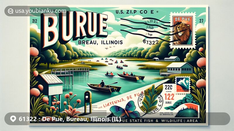 Modern illustration of De Pue, Bureau, Illinois, featuring scenic Lake DePue with boat racing, Donnelley/Depue State Fish and Wildlife Area, postal theme with ZIP code 61322, and vintage postcard design.