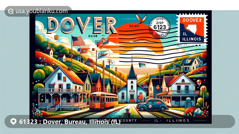 Creative modern illustration of Dover, Bureau County, Illinois, with a postal theme featuring ZIP code 61323, showcasing the quaint rural charm and symbolic elements of the village and Illinois.