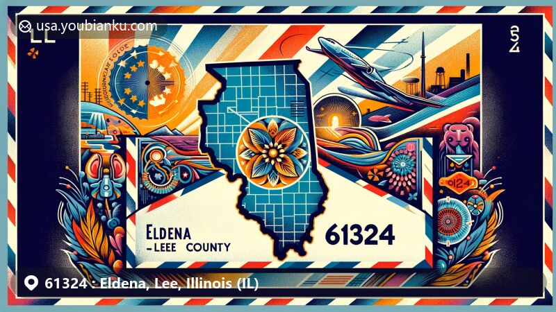 Modern illustration of Eldena, Lee County, Illinois, with a postal theme showcasing ZIP code 61324 and airmail envelope, featuring state symbols and local landmarks.