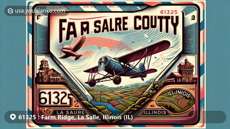 Modern illustration of Farm Ridge, La Salle County, Illinois, with ZIP code 61325, featuring vintage air mail envelope with detailed map of the county, showcasing iconic Illinois landmarks and cultural symbols.