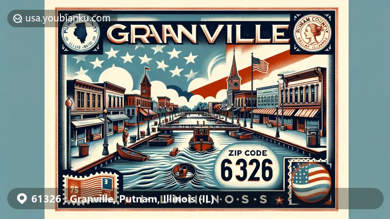 Modern illustration of Granville, Putnam County, Illinois, highlighting ZIP code 61326, showcasing downtown charm, local geography, Illinois state flag, and postal elements.