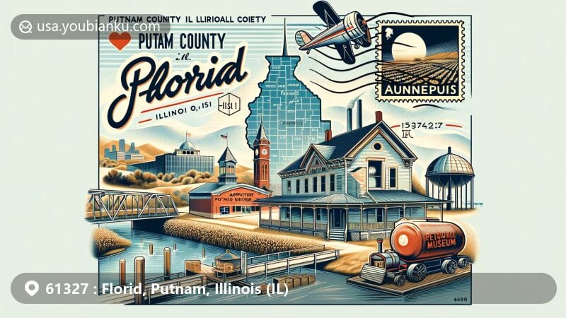 Modern illustration of Florid, Putnam County, Illinois, focuses on postal theme with Edward Pulsifer House and Agriculture Museum, incorporating Illinois River, steel mill, and ethanol plant, symbolizing area's history, industry, and economy.