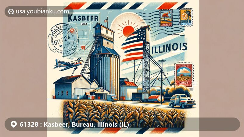Modern illustration of Kasbeer, Bureau County, Illinois, featuring grain elevator symbolizing farming heritage and Illinois state elements, set in postal theme with airmail elements, vintage stamps, and ZIP code 61328.