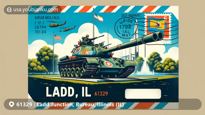 Modern illustration of Vietnam War tank in Ladd, Illinois park, merged with air mail envelope and Illinois state flag, featuring ZIP code 61329 and iconic elements of Ladd.