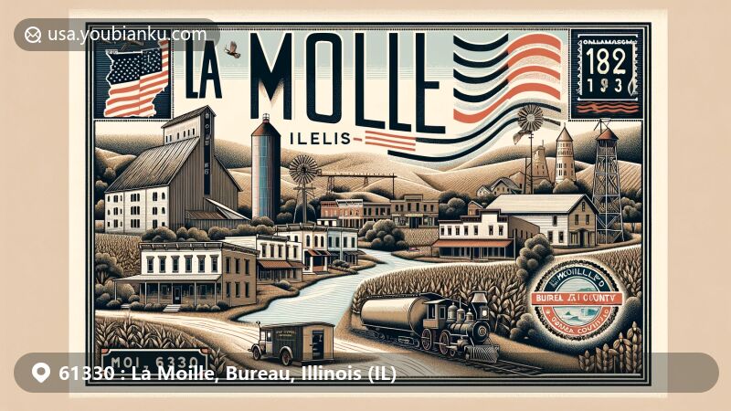 Modern illustration of La Moille, Illinois, focusing on postal theme with ZIP code 61330, showcasing downtown area, grain elevator, rural landscape, and Pike Creek, with Bureau County map outline in the background. Features iconic symbols like Illinois state flag stamp, postal car, and stamp with La Moille's establishment date, 1830.