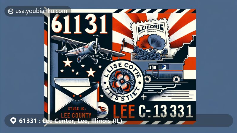 Modern illustration of Lee Center, Lee County, Illinois, highlighting postal theme with ZIP code 61331, featuring Illinois state flag, Violet symbol, airmail envelope, and postal vehicle.