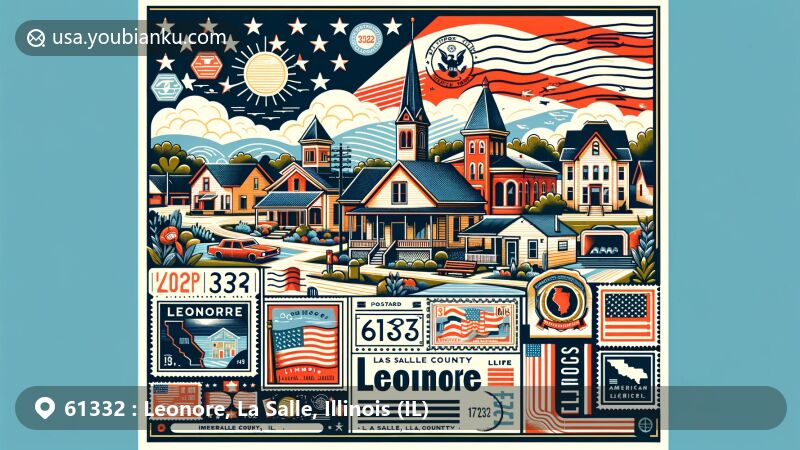 Modern illustration of Leonore, Illinois, in La Salle County, showcasing village charm and postal theme with ZIP code 61332, featuring scenic village view, La Salle County outline, and postcard motifs.