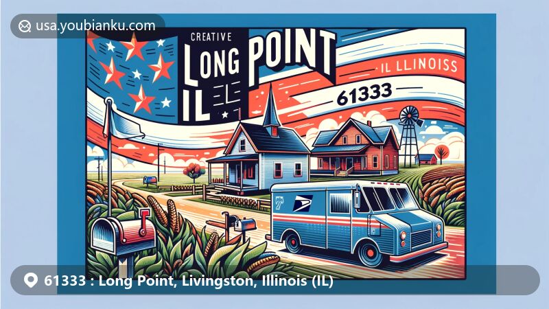 Illustration of Long Point, Illinois, displaying a postcard theme with ZIP code 61333, featuring Illinois' state flag and Midwestern landscapes, along with a small-town postal scene.