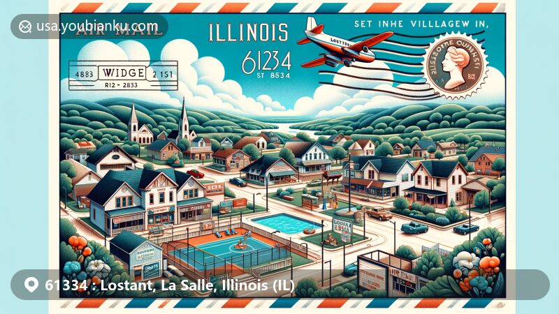 Modern illustration of Lostant village, LaSalle County, Illinois, capturing the essence of a vibrant Midwest community with amenities like a swimming pool and baseball diamond, showcasing local businesses, history, and ZIP code 61334.