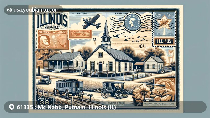 Modern illustration of McNabb, Putnam County, Illinois, highlighting Clear Creek Meeting House and postal theme with ZIP code 61335, featuring Illinois state symbols.