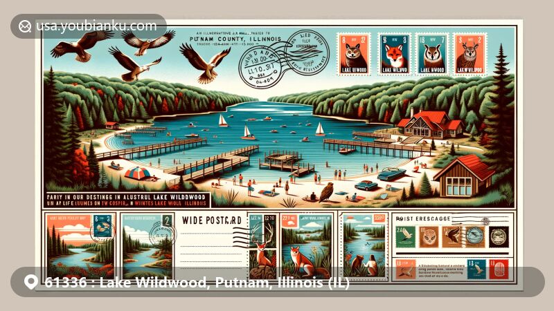Modern illustration of Lake Wildwood, Putnam County, Illinois, depicting scenic beauty and recreational activities around the picturesque lake, including wildlife and residents enjoying boating, fishing, and picnicking.