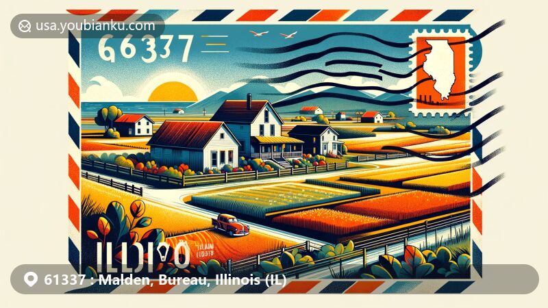 Modern illustration of Malden, Illinois, showcasing postal theme with ZIP code 61337, featuring postcard or airmail envelope design.