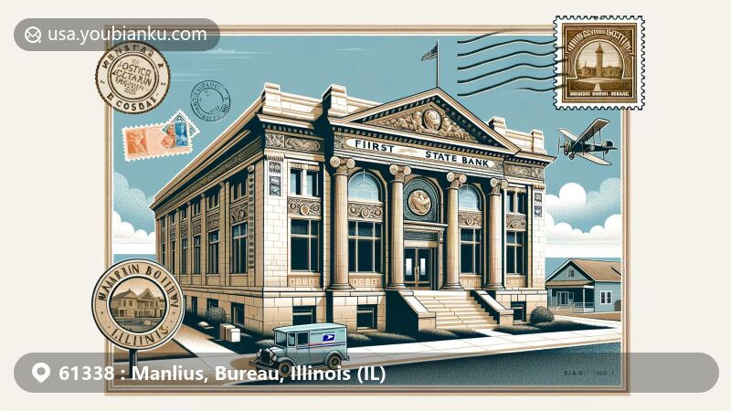 Modern illustration of First State Bank of Manlius, Illinois, showcasing Prairie School architectural style by Parker Noble Berry, with urns, etched glass windows, and cork over cement floor, set in small-town charm with agricultural backdrop and postal theme featuring vintage stamp frame, air mail envelope motif, and ZIP Code 61338.
