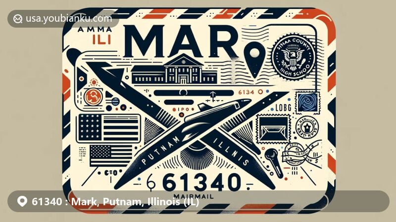 Modern illustration of Mark, Putnam County, Illinois, featuring airmail envelope design with ZIP code 61340, showcasing Putnam County High School and Illinois state outline.