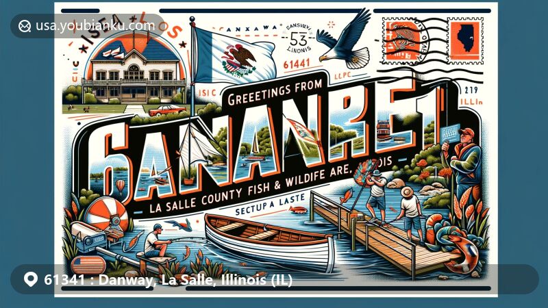 Modern illustration of Danway, La Salle County, Illinois, featuring ZIP code 61341, showcasing Illinois state flag, La Salle County Historical Society, and La Salle Lake State Fish and Wildlife Area.