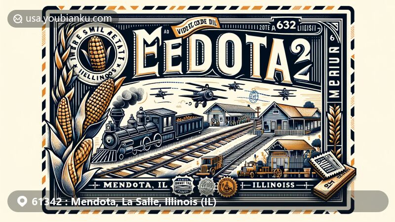 Modern illustration of Mendota, La Salle County, Illinois, featuring vintage postcard design with railway and agricultural motifs, celebrating the Mendota Sweet Corn Festival and postal elements.