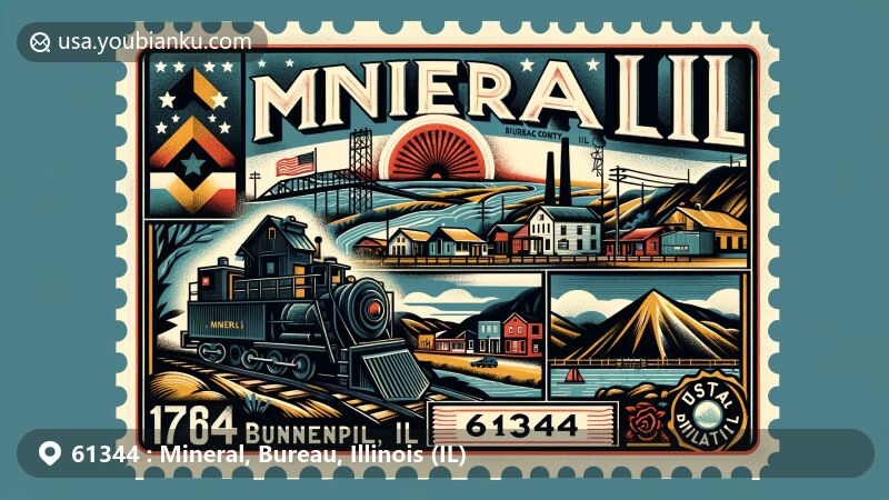 Modern illustration of Mineral, Bureau County, Illinois, showcasing coal mining heritage and Hennepin Canal, featuring vintage postcard layout with Illinois state flag and '61344 Mineral, IL' postal mark.