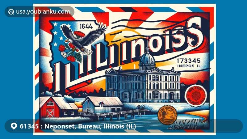 Modern illustration of Neponset, Bureau County, Illinois, with ZIP code 61345, showcasing the Illinois state flag, Bureau County silhouette, and Neponset landmarks on vintage air mail envelope.