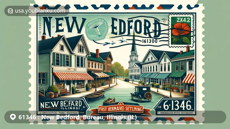 Modern illustration of New Bedford, Illinois, blending essence of the village with postal elements to celebrate ZIP code 61346, featuring peaceful atmosphere, historic roots as an agricultural hub and first permanent white settlement, Green River as historical ferry point, antique shops on main street, creatively incorporating vintage postcard layout showcasing ZIP code, stamp representing iconic New Bedford building or landscape, and postmark symbolizing postal communication.