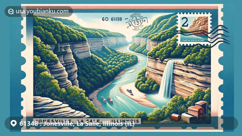 Modern illustration of Jonesville, La Salle, Illinois, featuring the natural beauty of La Salle Canyon within Starved Rock State Park, including dense forests, a waterfall, and sandstone cliffs, presented in a vintage postcard style with postal elements.