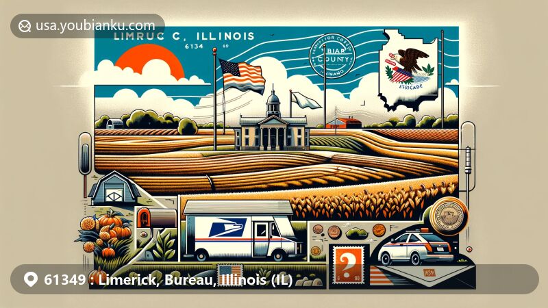 Modern illustration of Limerick area, Bureau County, Illinois, showcasing farmlands and skies, Illinois flag, Bureau County outline, postcard design with ZIP code 61349, and postal symbols.