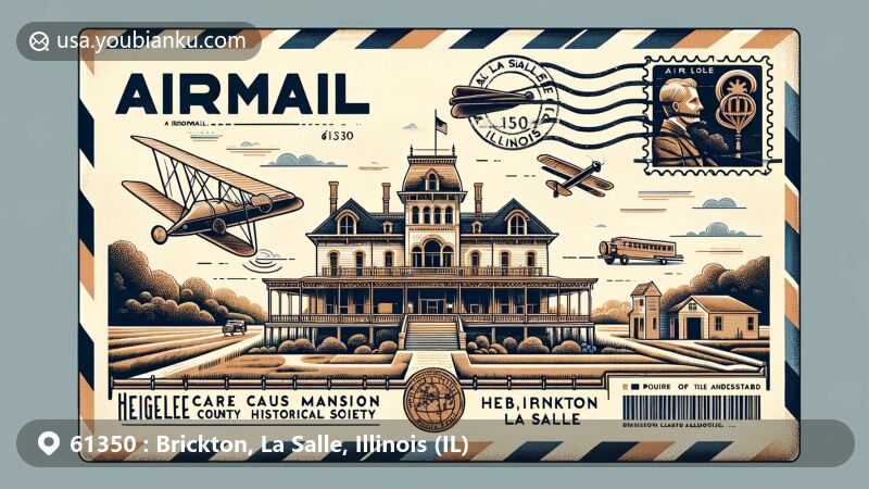 Modern illustration of Brickton, La Salle County, Illinois, featuring airmail envelope design with Hegeler Carus Mansion and La Salle County Historical Society Campus, vintage stamp, postmark with ZIP code 61350, and Illinois state symbols.