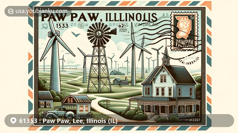 Modern illustration of Paw Paw, Illinois, with ZIP code 61353, showcasing Mendota Hills Wind Farm, Stephen Wright House, and postal elements like airmail envelope with Paw Paw water tower stamp.