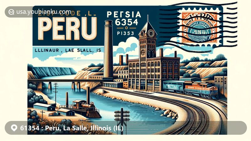 Modern illustration of Peru, La Salle County, Illinois, featuring industrial heritage, Rock Island Railroad, Westclox building, Illinois River, bluffs, and Starved Rock State Park.