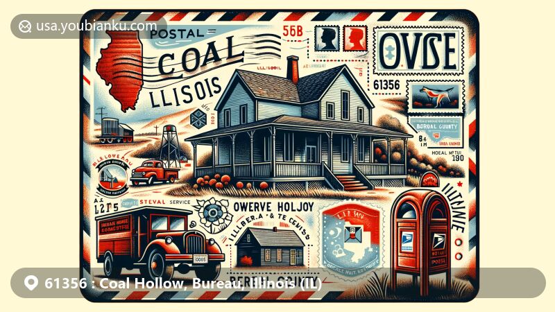Modern illustration of Coal Hollow, Bureau County, Illinois, showcasing postal theme with ZIP code 61356, featuring Owen Lovejoy Homestead, Illinois state symbols, and Bureau County outline.