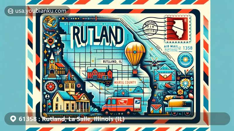 Modern illustration of Rutland, Illinois, blending geographical features with postal elements, featuring air mail envelope with Rutland map outline and postal symbols, showcasing postal theme with ZIP code 61358.