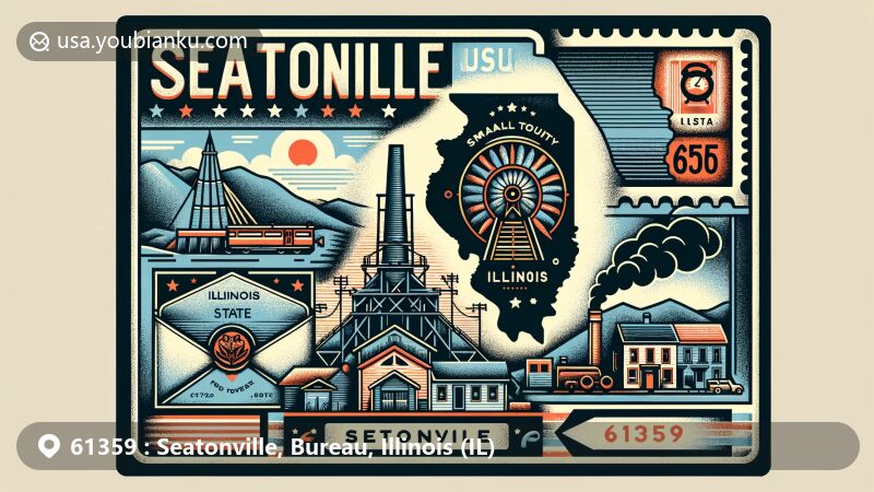 Modern illustration of Seatonville, Bureau County, Illinois, showcasing small-town charm, coal mining history, and vintage postal theme, with a map outline of Bureau County and Illinois silhouette, vintage coal mine entrance, airmail envelope border, and postal stamps featuring Illinois state flag and Bureau County outline.