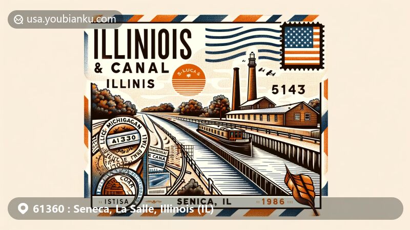 Modern illustration of Seneca, La Salle County, Illinois, showcasing Illinois & Michigan Canal and postal elements like stamps and postmark with ZIP code 61360.