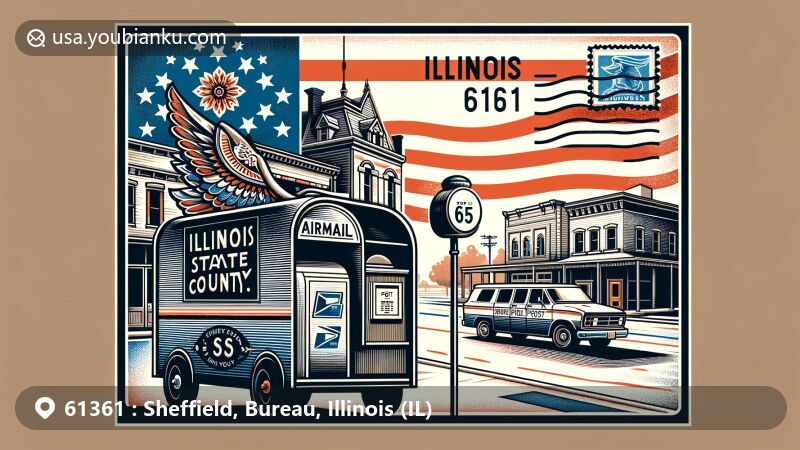 Modern illustration of Bureau County, Illinois, showcasing airmail envelope with ZIP code 61361, displaying Illinois state flag and small town scenery.