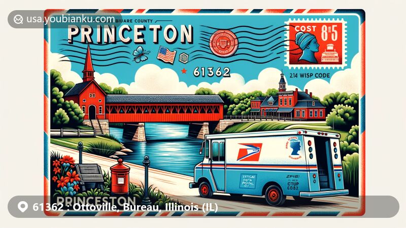 Modern illustration of Ottoville, Bureau County, Illinois, showcasing postal theme with ZIP code 61362, featuring Hennepin Canal, Red Covered Bridge, and Princeton's historic downtown.