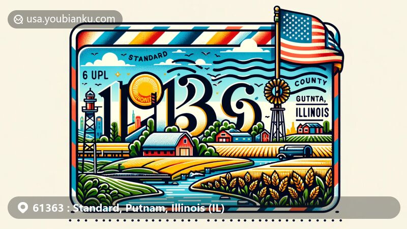 Modern illustration of Standard, Putnam County, Illinois, highlighting postal theme with ZIP code 61363, featuring Illinois state flag, Putnam County outline, and Midwestern landscapes.