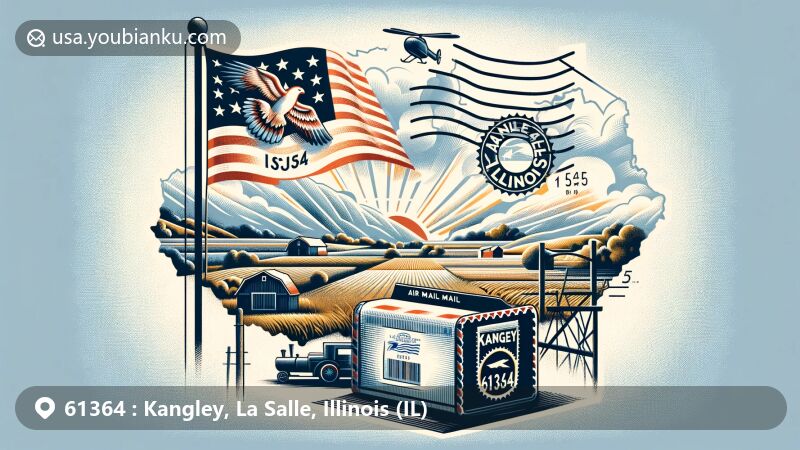 Modern illustration of Kangley, La Salle County, Illinois, incorporating postal theme with ZIP code 61364, showcasing Illinois state flag and vintage air mail envelope.