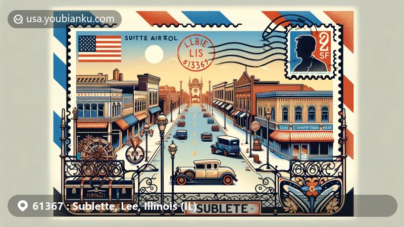 Modern illustration of Sublette, Lee County, Illinois, capturing the essence of ZIP code 61367 with a vintage airmail envelope design and 1920s business district motifs, including Sublette Antique Tractor & Toy Show references.
