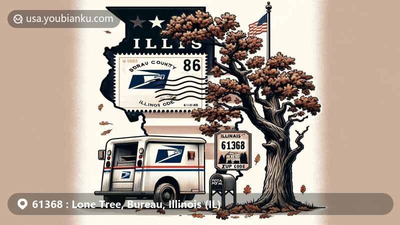 Modern illustration of Bureau County, Illinois, featuring vintage postcard with Lone Tree oak tree, Illinois state flag, and 61368 ZIP Code stamp, showcasing American postal van and mailbox with autumn leaves.