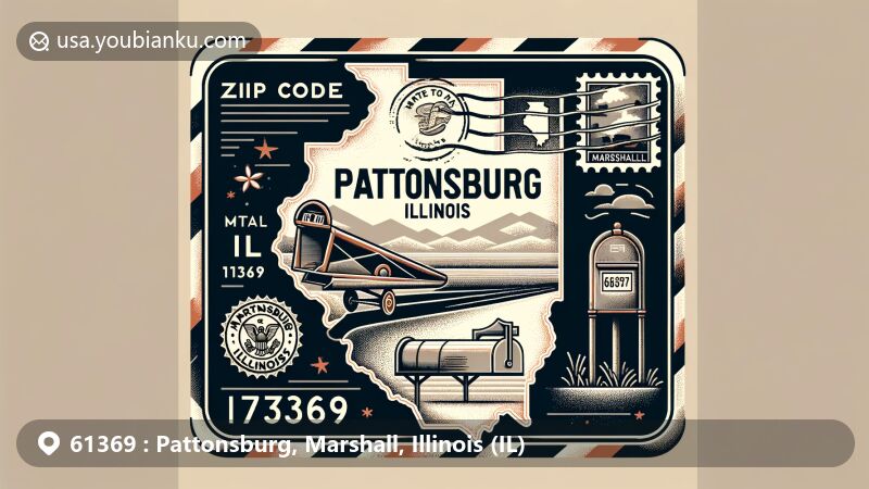 Modern illustration of Pattonsburg, Illinois, featuring vintage air mail envelope design with Marshall County outline, postal elements like stamps and mailbox, showcasing 'Pattonsburg, IL 61369' postal mark.