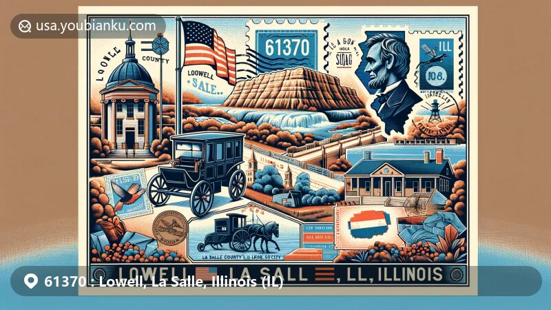 Modern illustration of Lowell, La Salle, Illinois, featuring La Salle County Historical Society Museum and Starved Rock State Park, vintage postage stamps, '61370' postmark, antique postal carriage, and Illinois state flag.