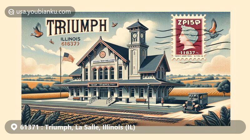 Vintage-style illustration of Triumph, IL, in La Salle County, Illinois, showcasing historical connection to Chicago Northwestern Railroad and Triumph Rail Depot, with agricultural landscape in background.