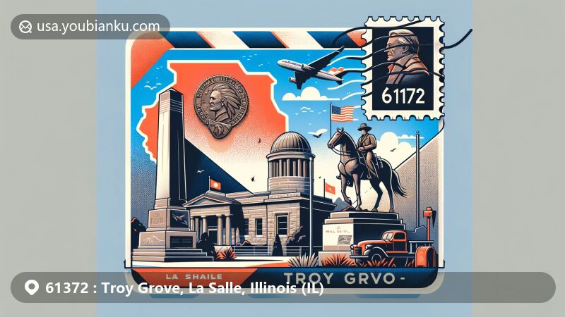 Modern illustration of Troy Grove, La Salle County, Illinois, featuring air mail theme with ZIP code 61372, showcasing Wild Bill Hickok Memorial and Illinois state flag stamp.