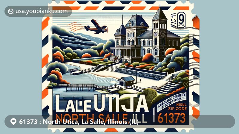 Modern illustration of North Utica, La Salle, Illinois, showcasing postal theme with ZIP code 61373, featuring LaSalle County Historical Museum, Hegeler Carus Mansion, and Starved Rock State Park.